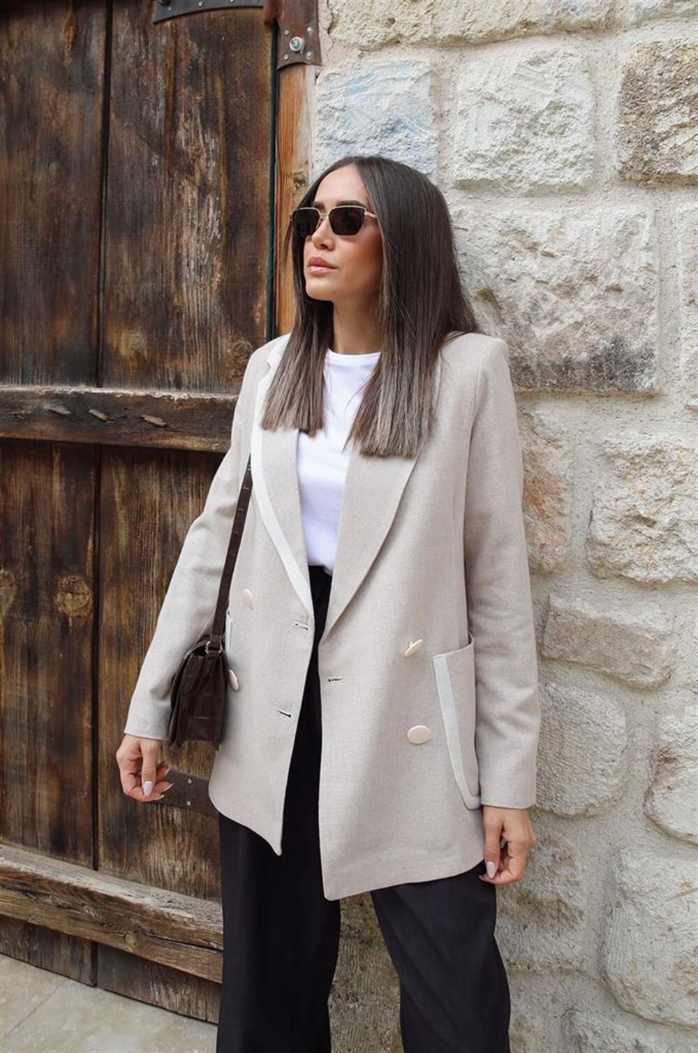 Şerit Detay Keten Blazer Ceket 