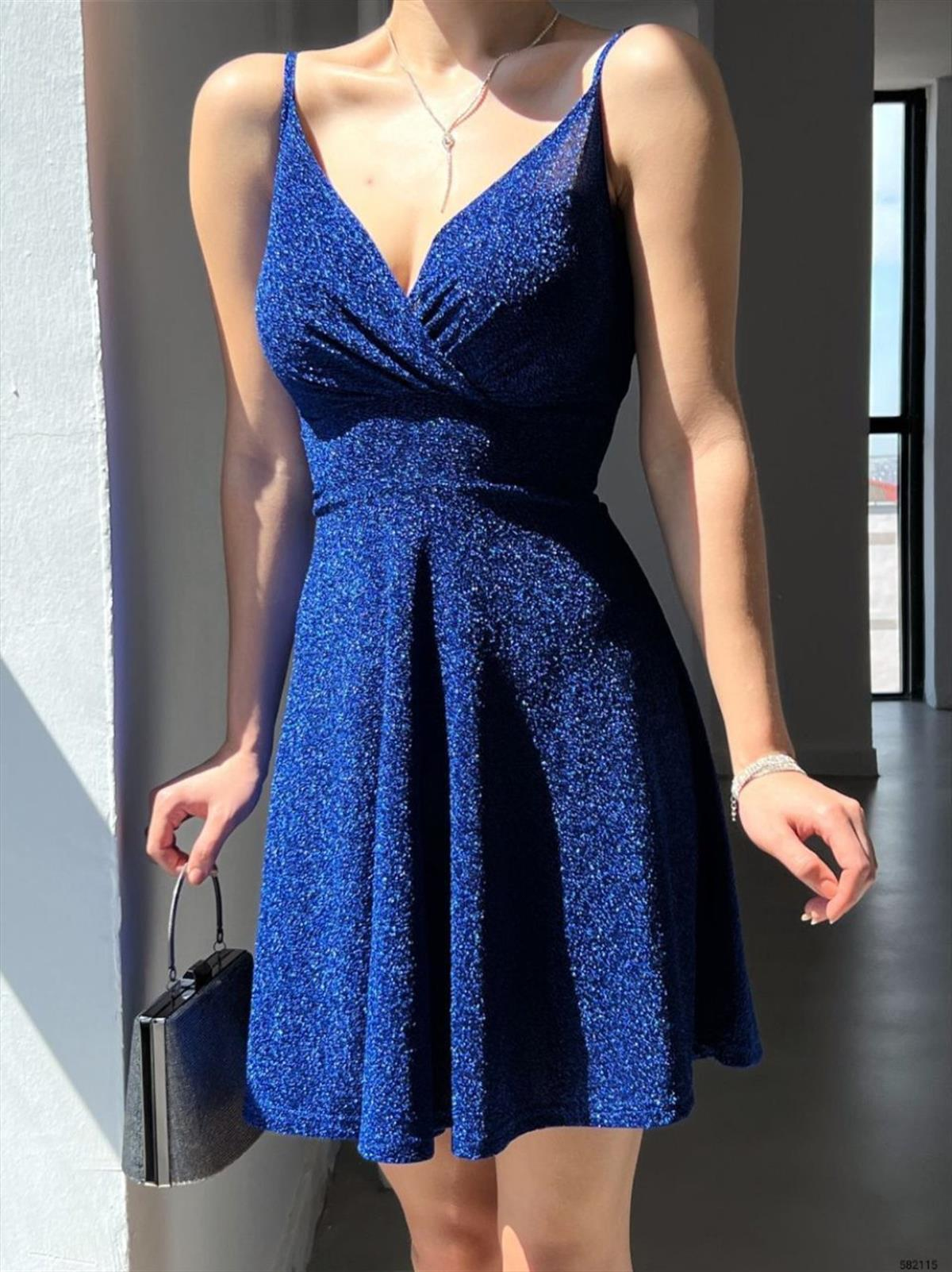 Simli Mini Elbise 582115 SAKS MAVİSİ