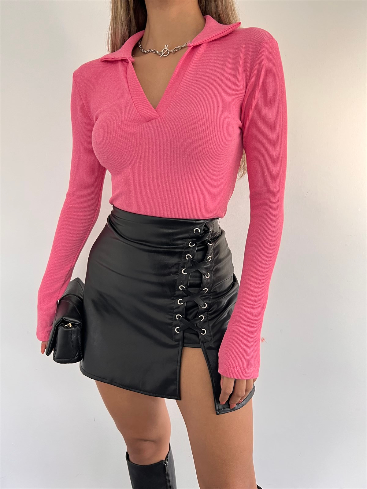 Yakalı Kaşkorse Bluz 1808 PEMBE