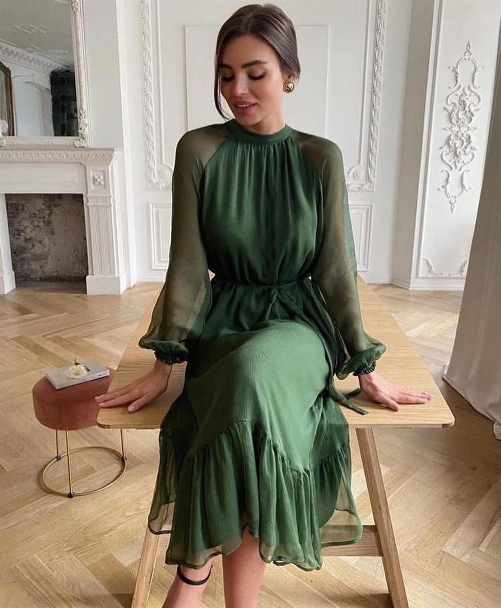 Yeni Sezon Kuşaklı Elbise YEŞİL