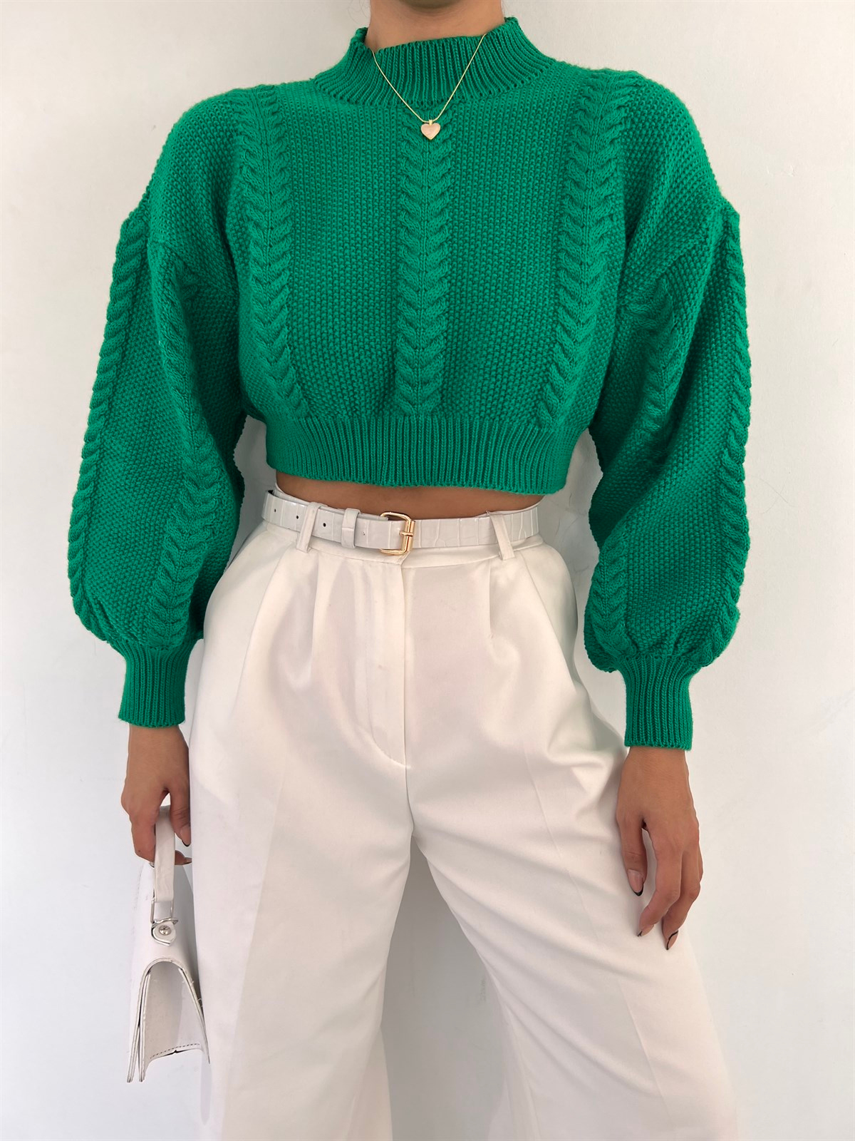 Zaul Kendinden Desenli Crop Kazak 86593 YEŞİL