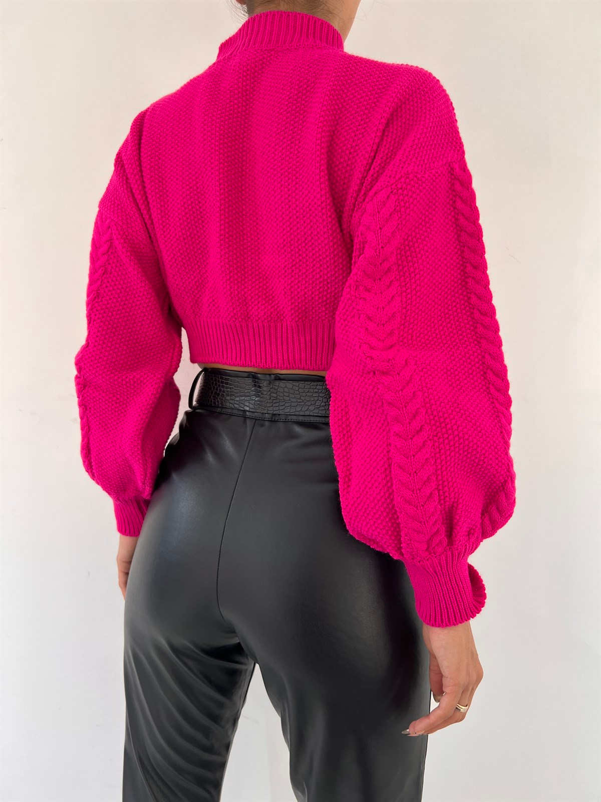 Zaul Kendinden Desenli Crop Kazak 86593 FUŞYA