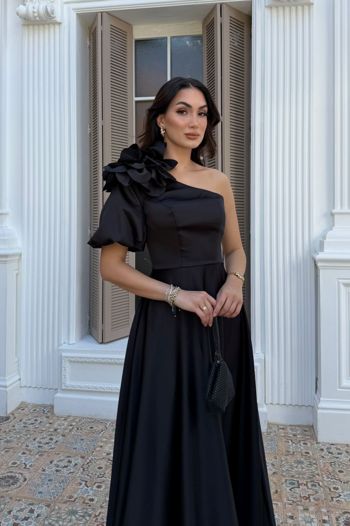 Zena Tek Kol Çiçek Detay Saten Abiye 1136
