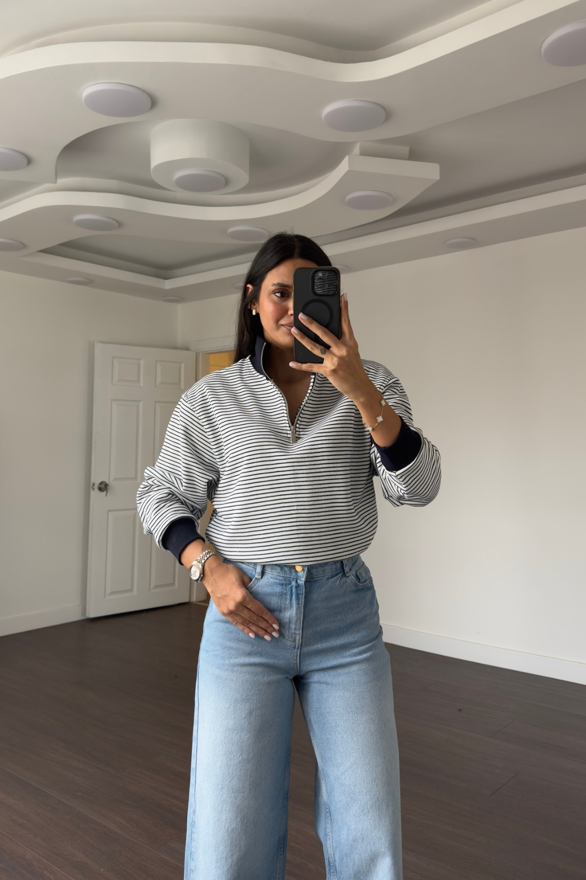  Çizgili Fermuarlı Sweatshirt-Lacivert Beyaz