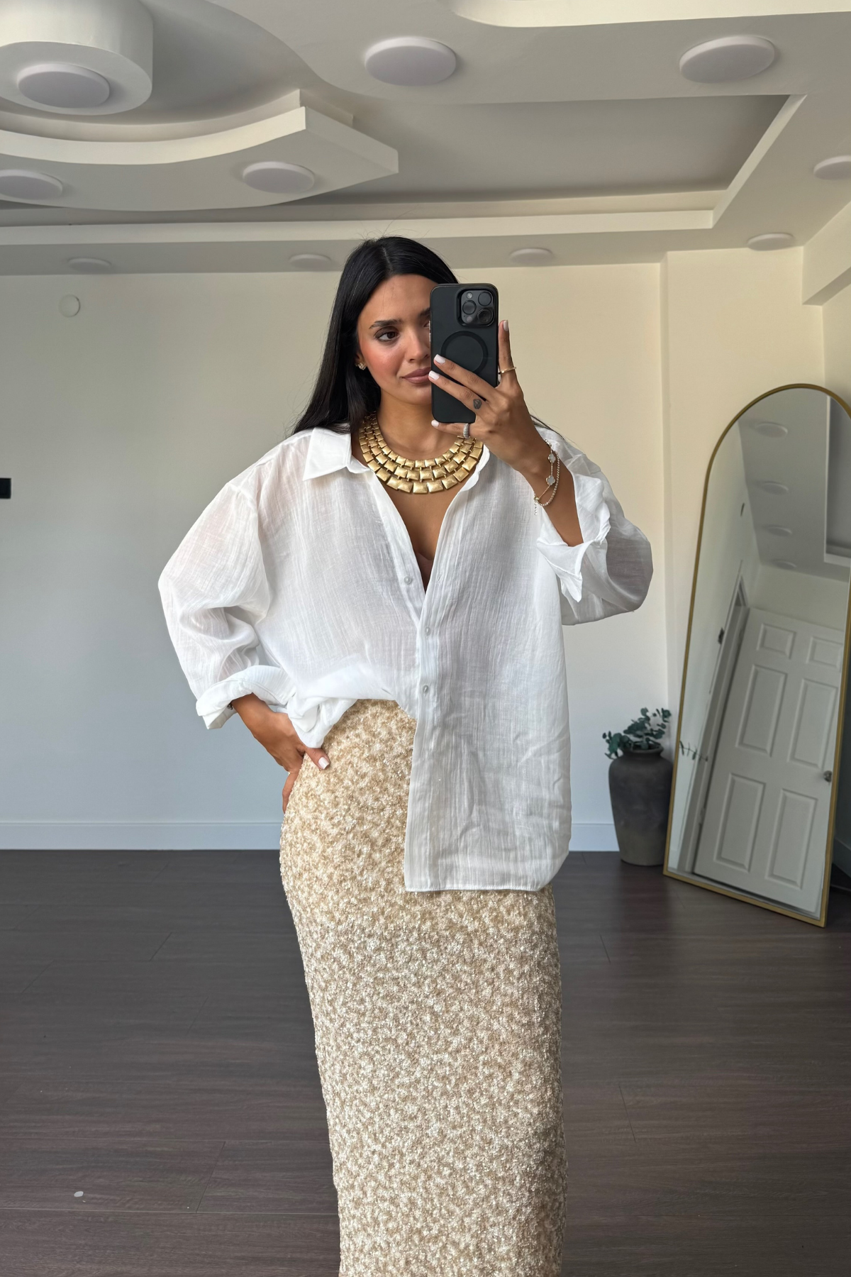 Açık Yaka Pamuklu Oversize Gömlek-Beyaz