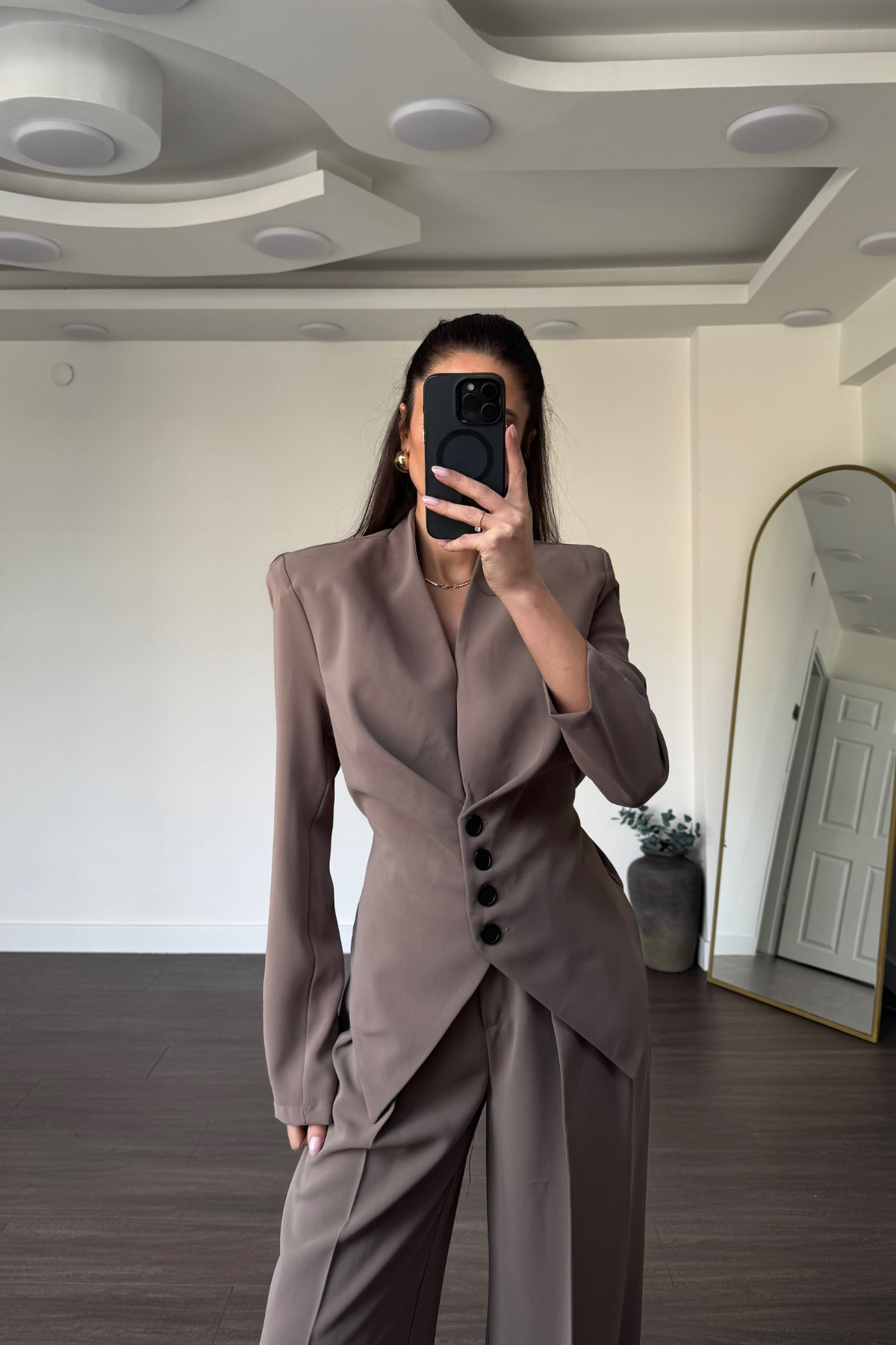 Arkası Bağlamalı Ceket Pantolon Takım-Vizon