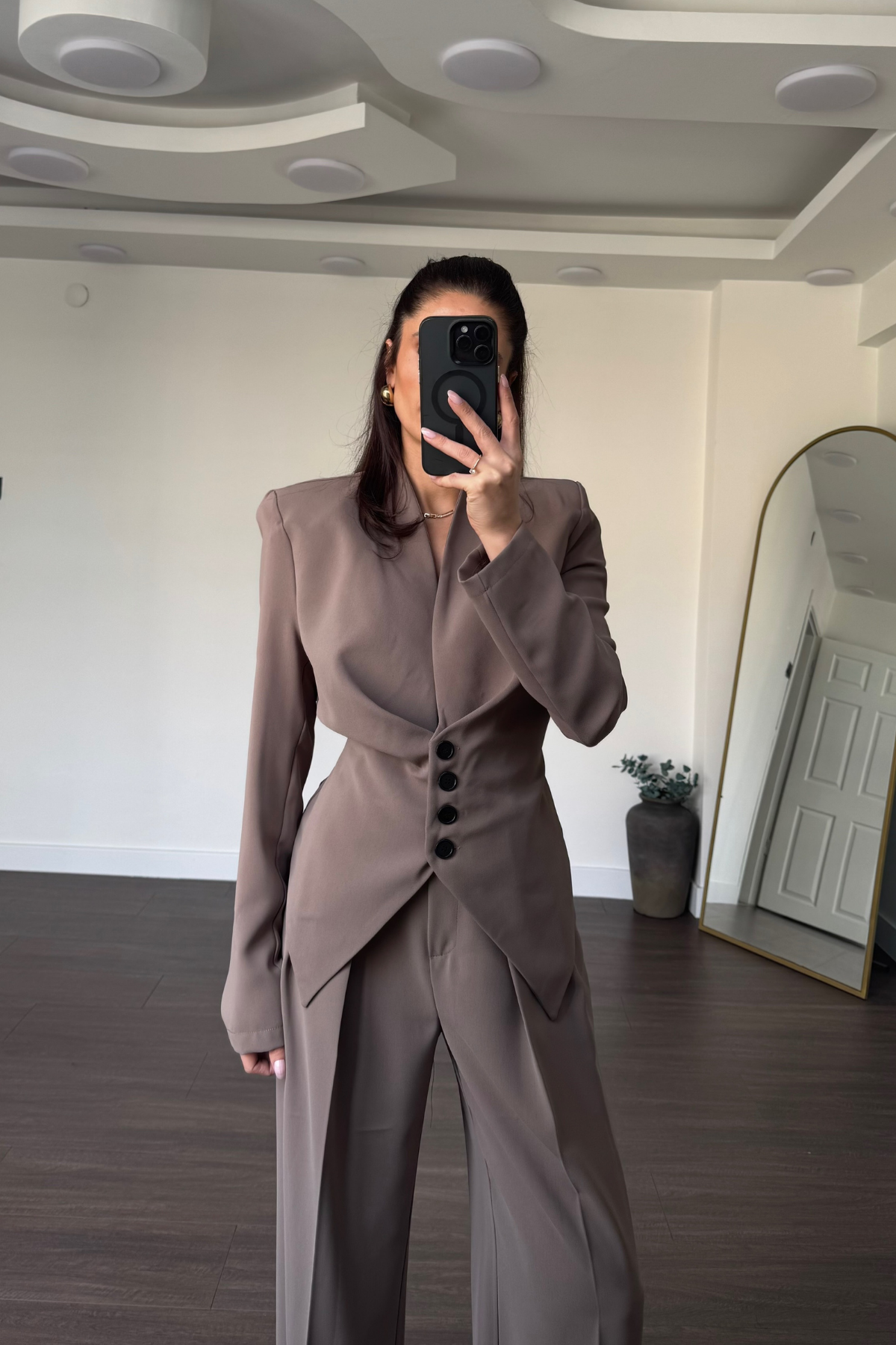 Arkası Bağlamalı Ceket Pantolon Takım-Vizon