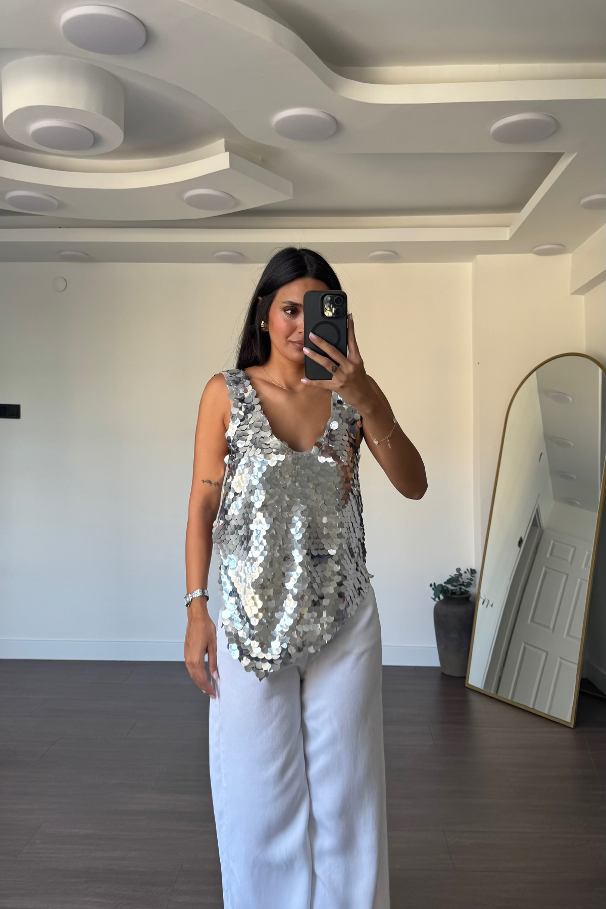 Asimetrik Kesim Payetli Bluz-Gümüş