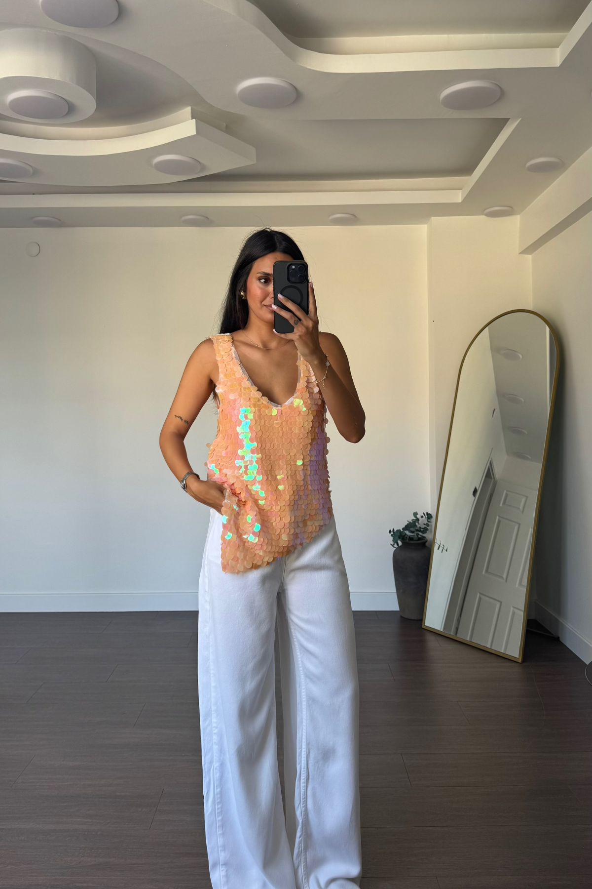 Asimetrik Kesim Payetli Bluz-Somon
