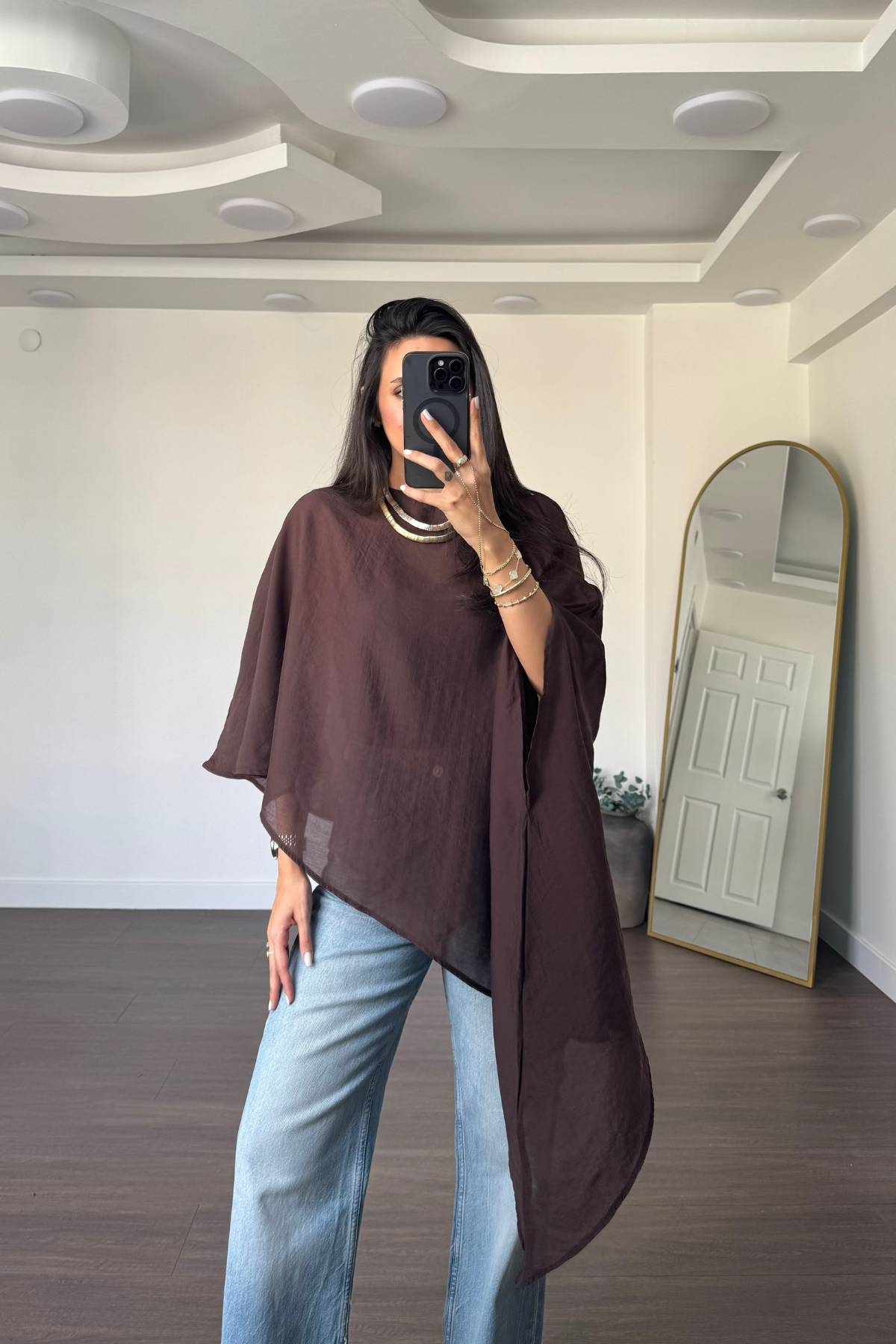 Asimetrik Tensel Kumaş Bluz-Kahve