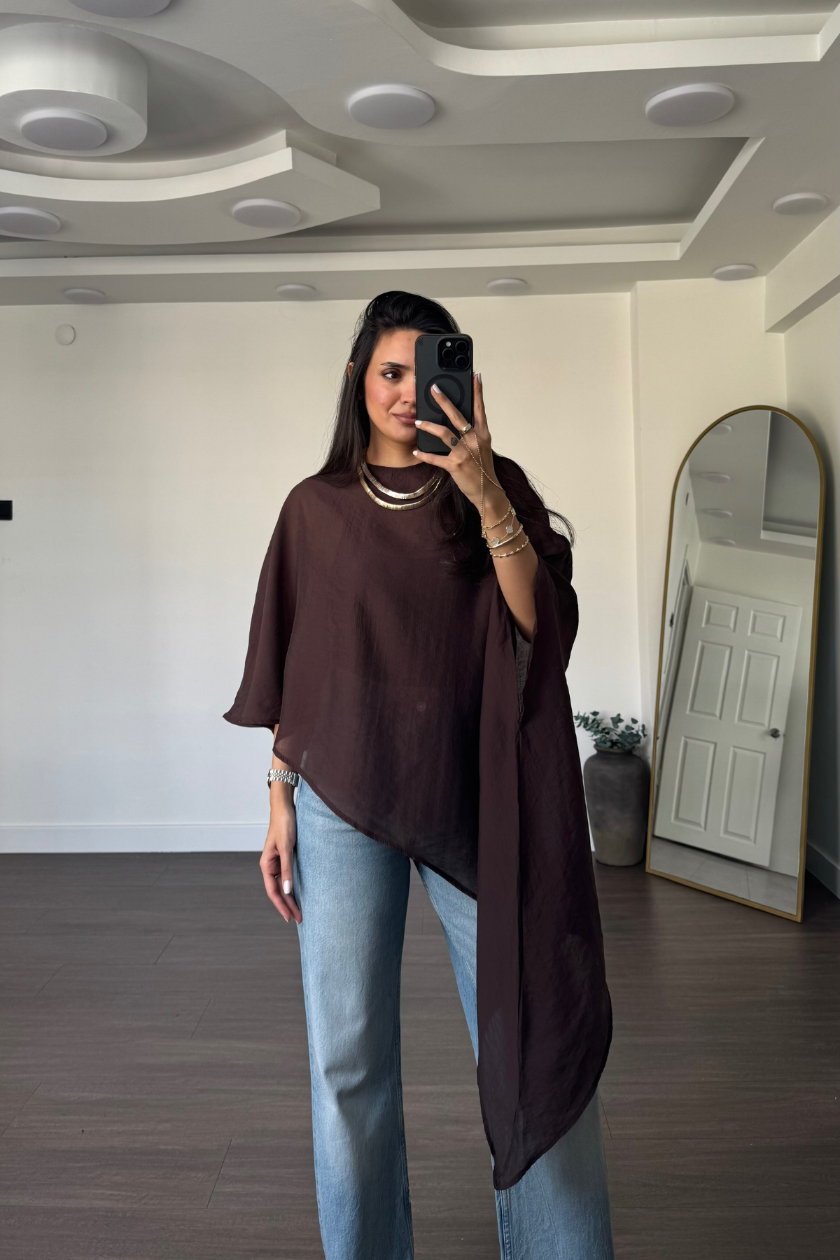 Asimetrik Tensel Kumaş Bluz-Kahve