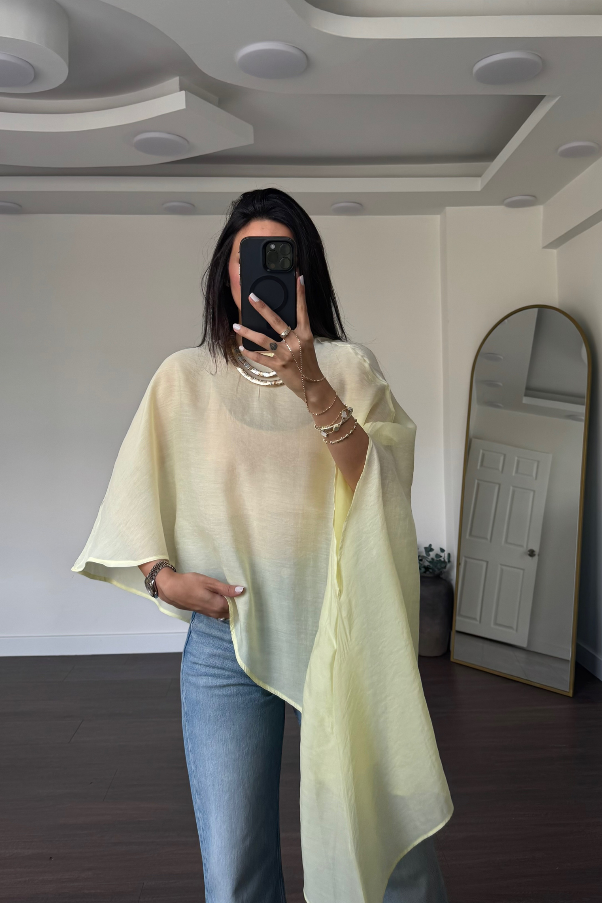 Asimetrik Tensel Kumaş Bluz-Sarı