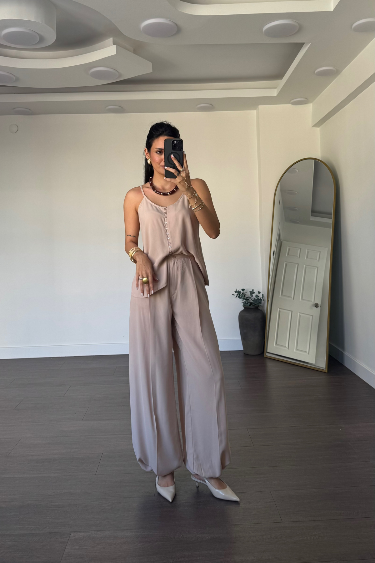 Askılı Bluz Şalvar Pantolon Takım-Bej