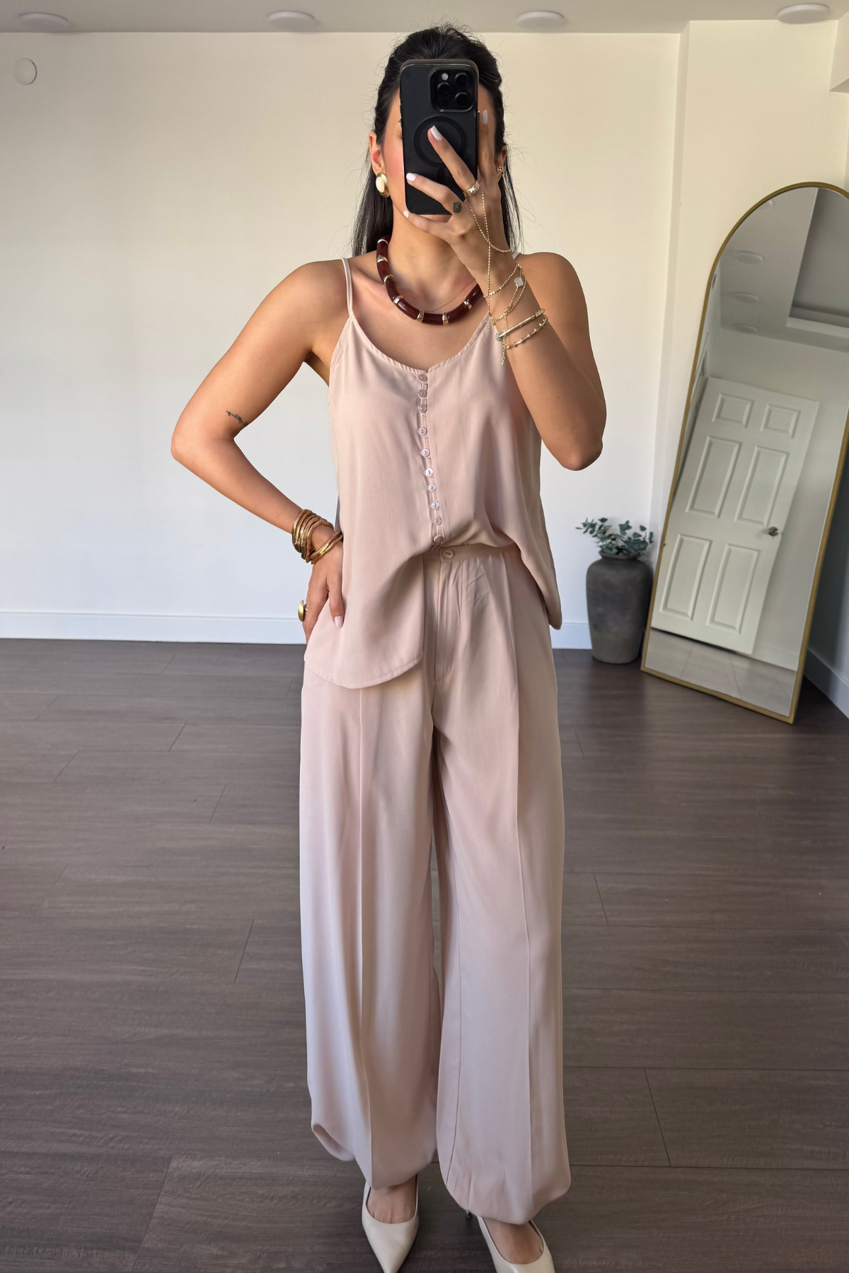 Askılı Bluz Şalvar Pantolon Takım-Bej