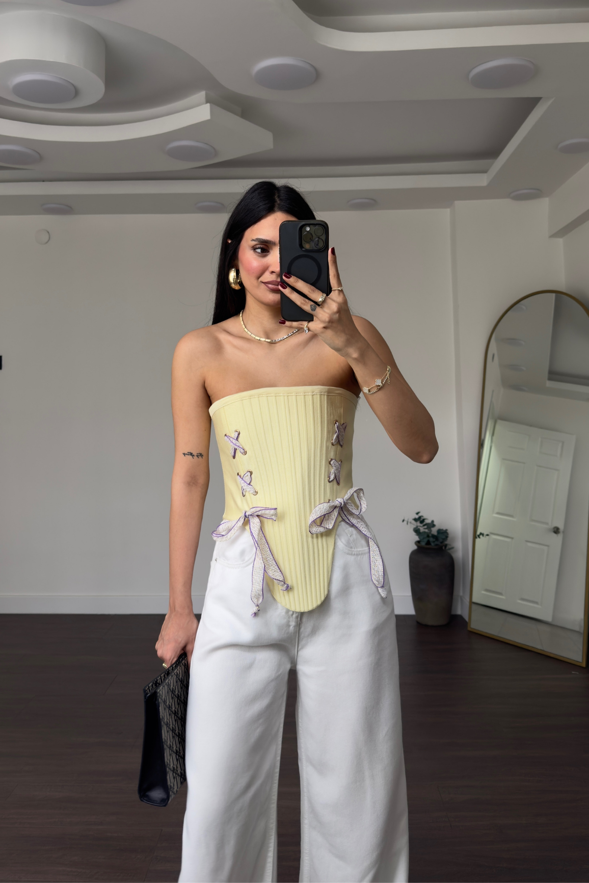 Bağcık Detaylı Korse Büstiyer-Sarı