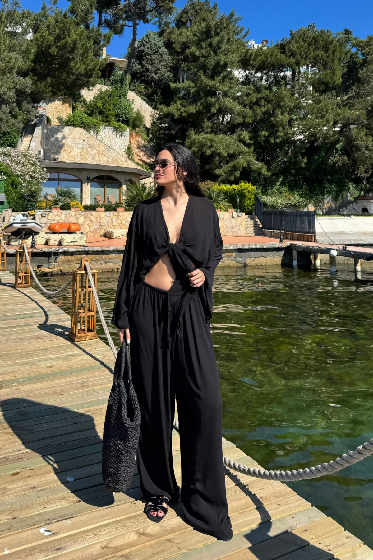 Bağlamalı Bluz Pantolon Takım-Siyah