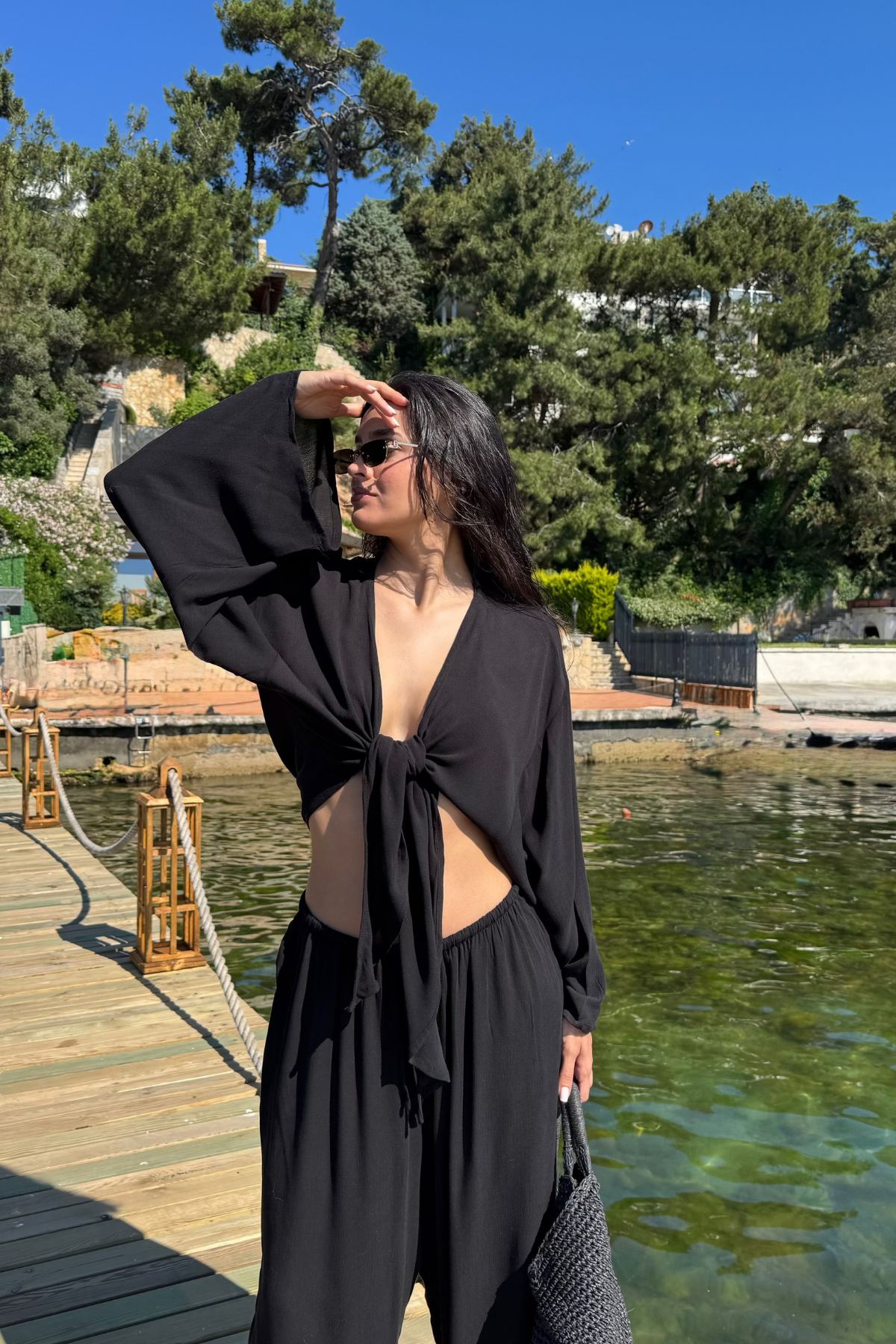 Bağlamalı Bluz Pantolon Takım-Siyah