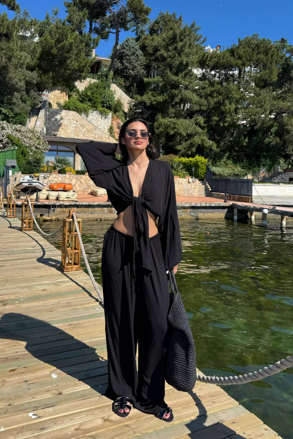 Bağlamalı Bluz Pantolon Takım-Siyah