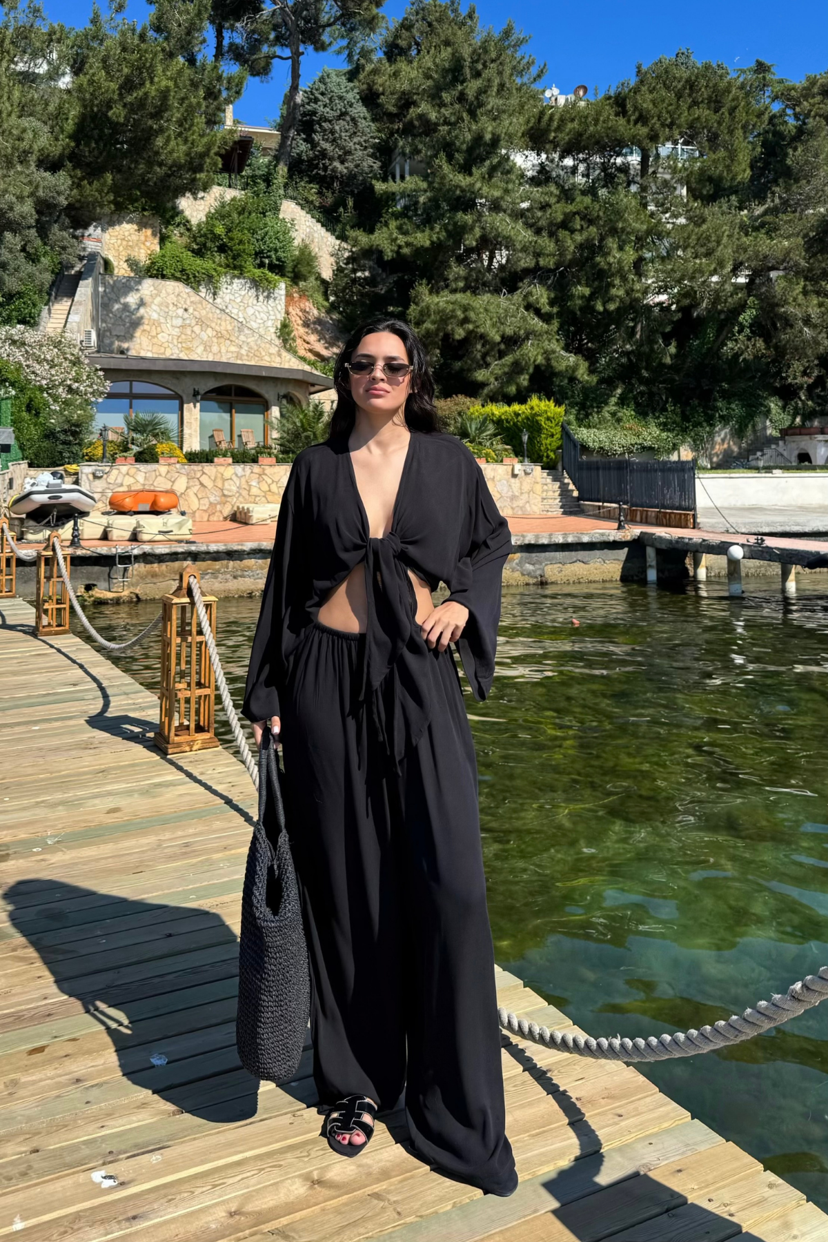Bağlamalı Bluz Pantolon Takım-Siyah