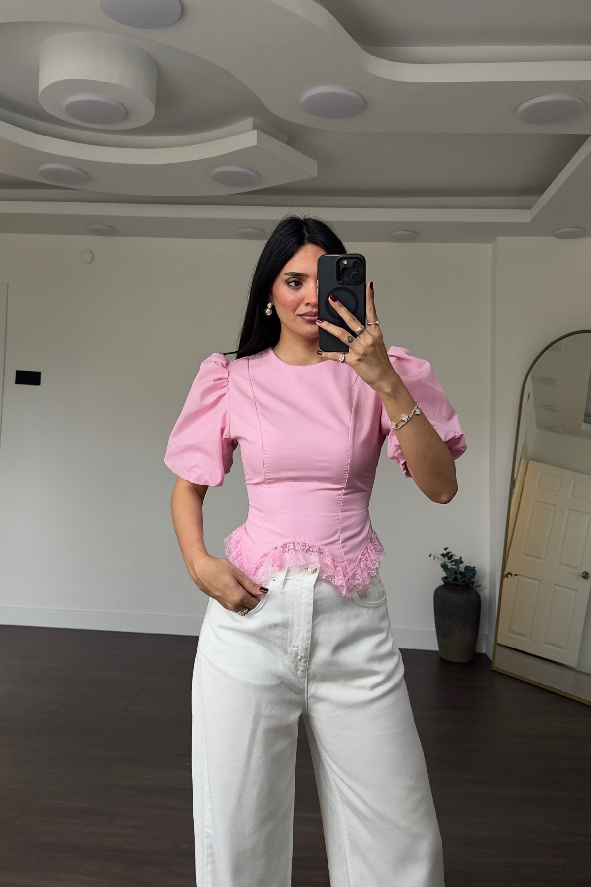 Balon Kol Dantel Detaylı Bluz-Pembe