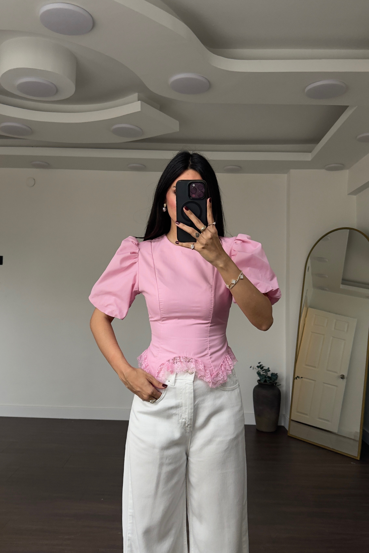 Balon Kol Dantel Detaylı Bluz-Pembe