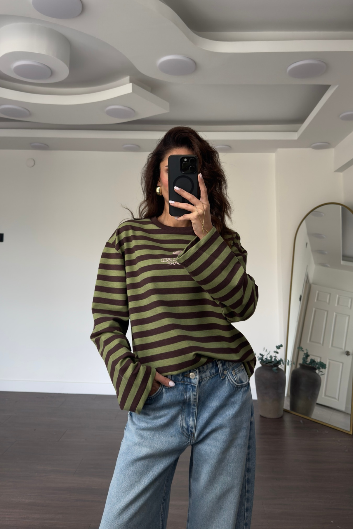 Basic Çizgili Sweat-Haki