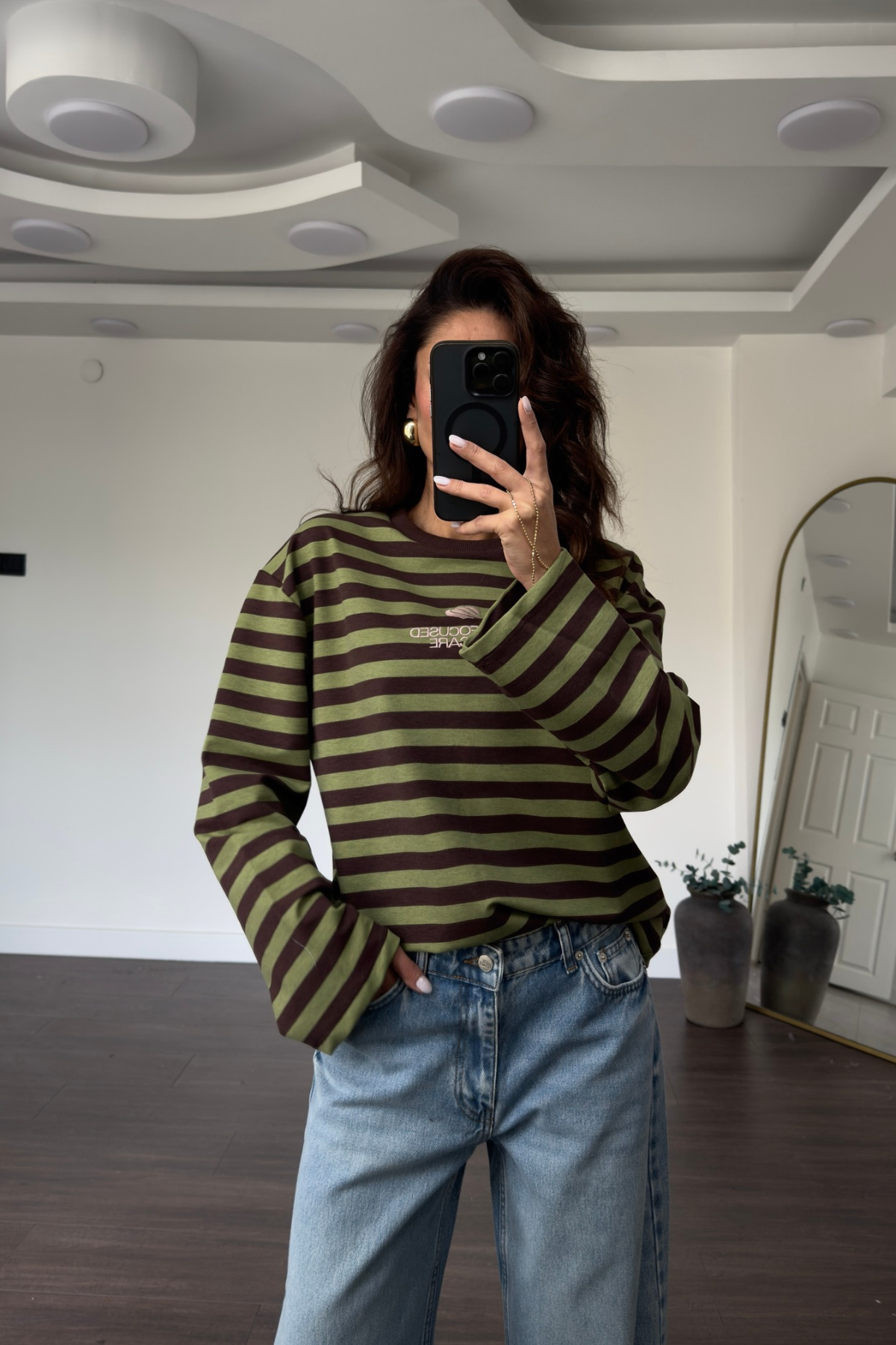 Basic Çizgili Sweat-Haki