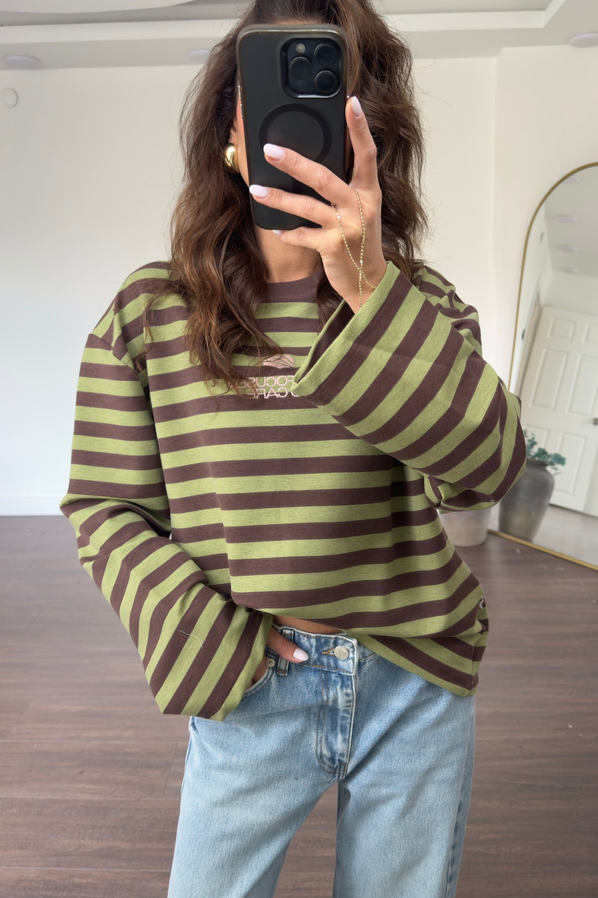 Basic Çizgili Sweat-Haki