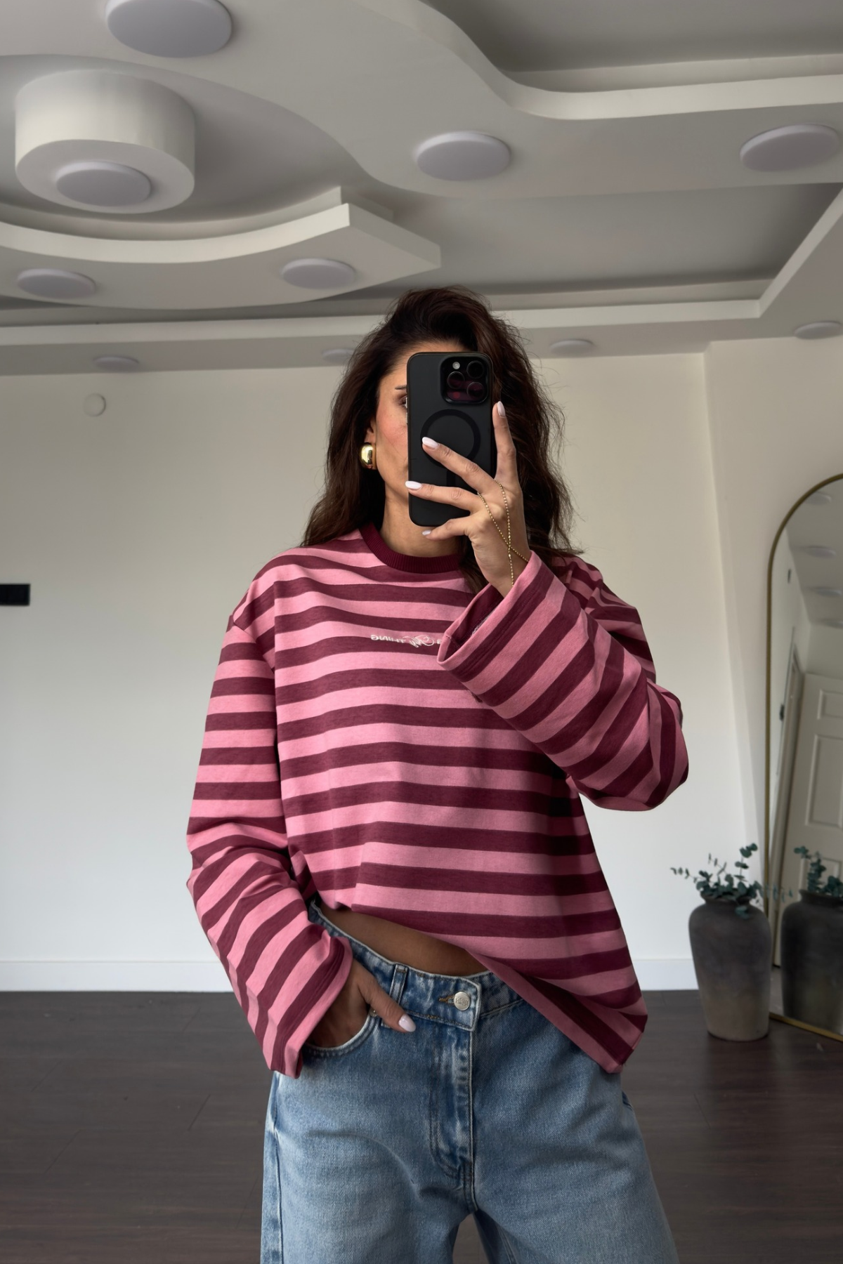 Basic Çizgili Sweat-Pembe