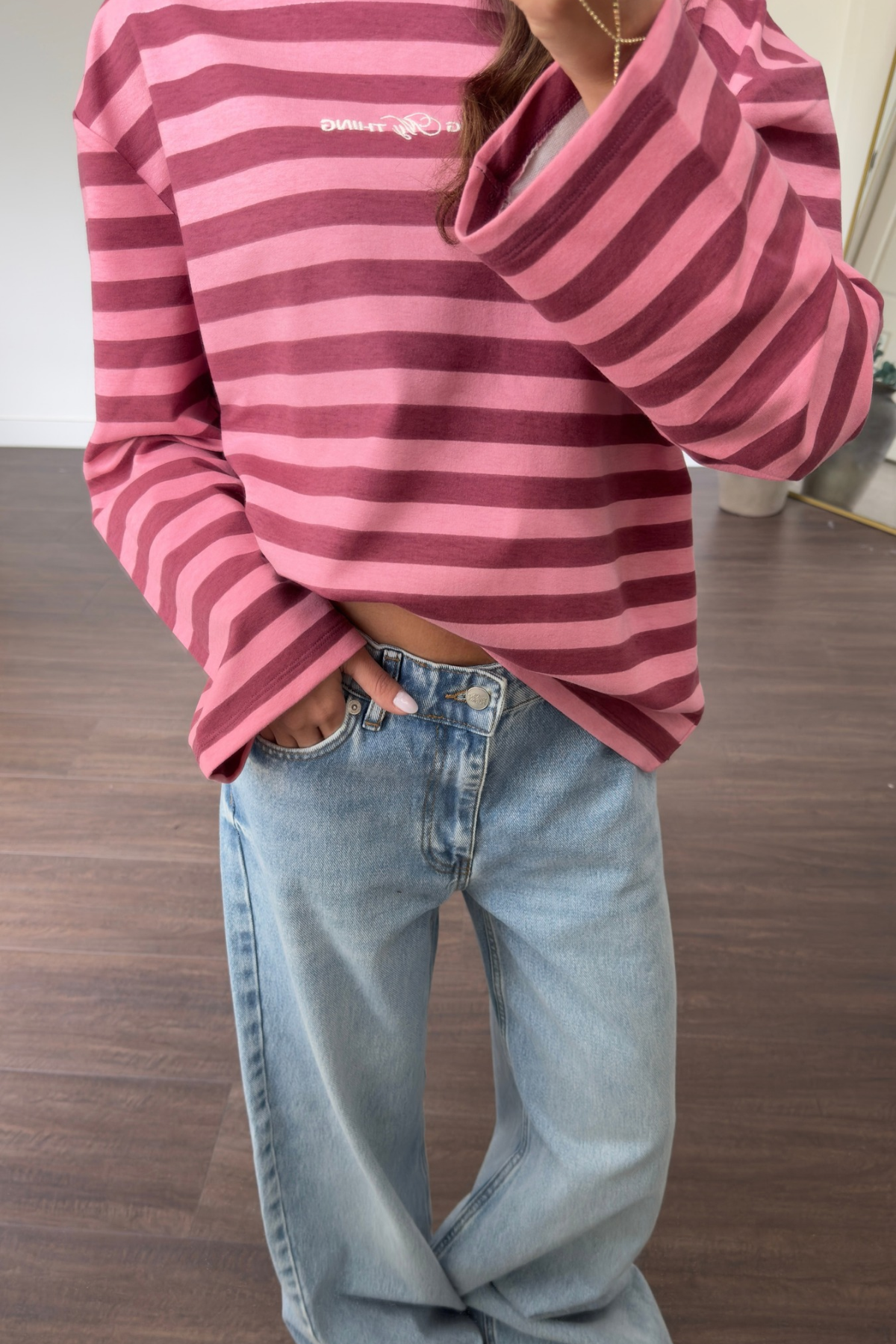 Basic Çizgili Sweat-Pembe