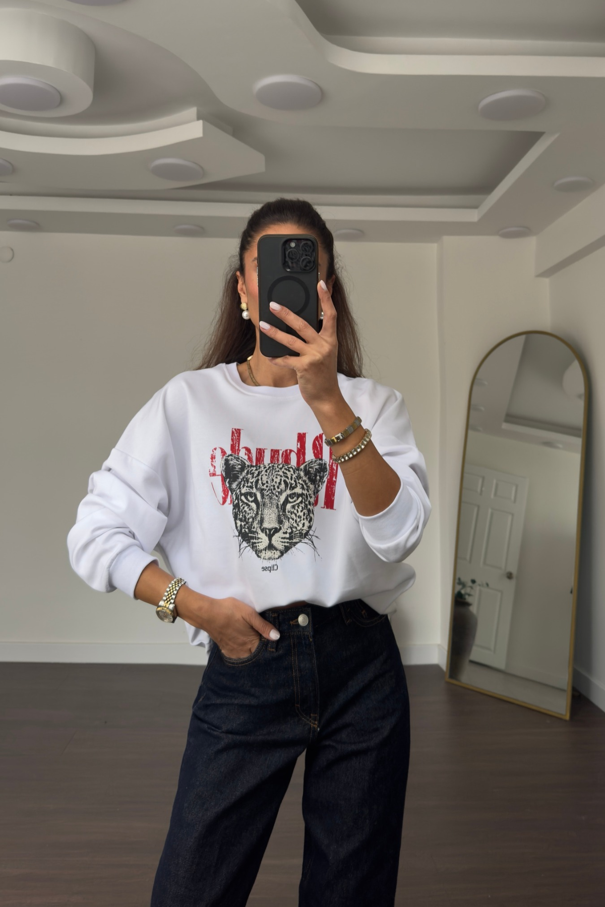 Baskılı Sweatshirt-Beyaz