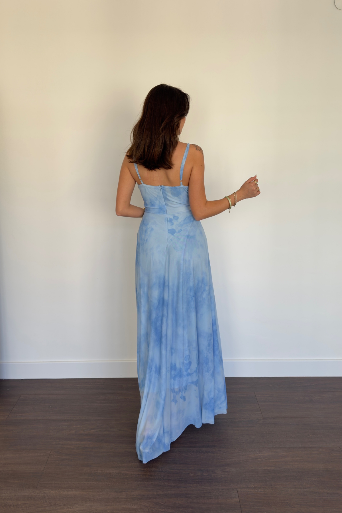 Batik Desen Askılı Elbise-Mavi