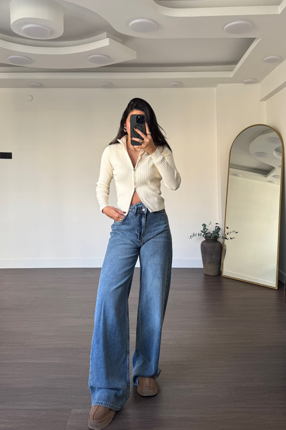 Beli Asimetrik Düğmeli Wideleg Jean-Mavi