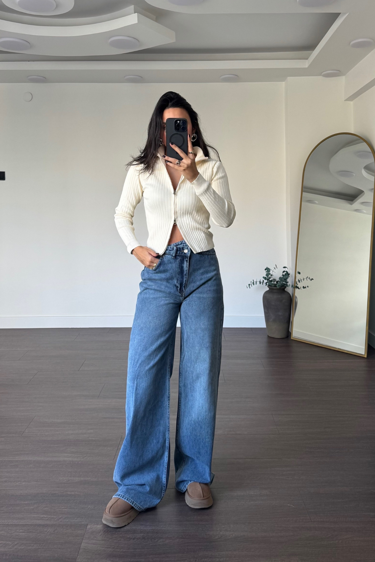 Beli Asimetrik Düğmeli Wideleg Jean-Mavi