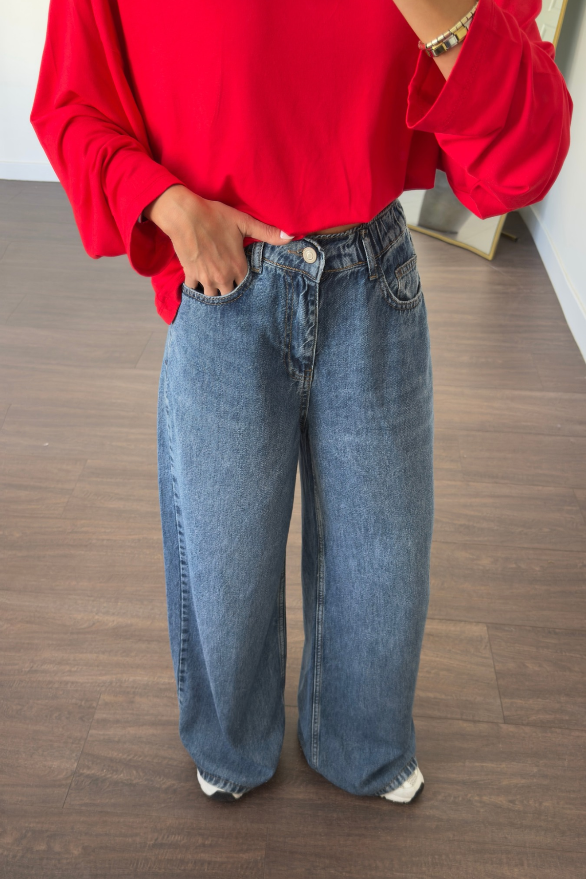 Beli Lastikli Dökümlü Kumaş Jean-Mavi