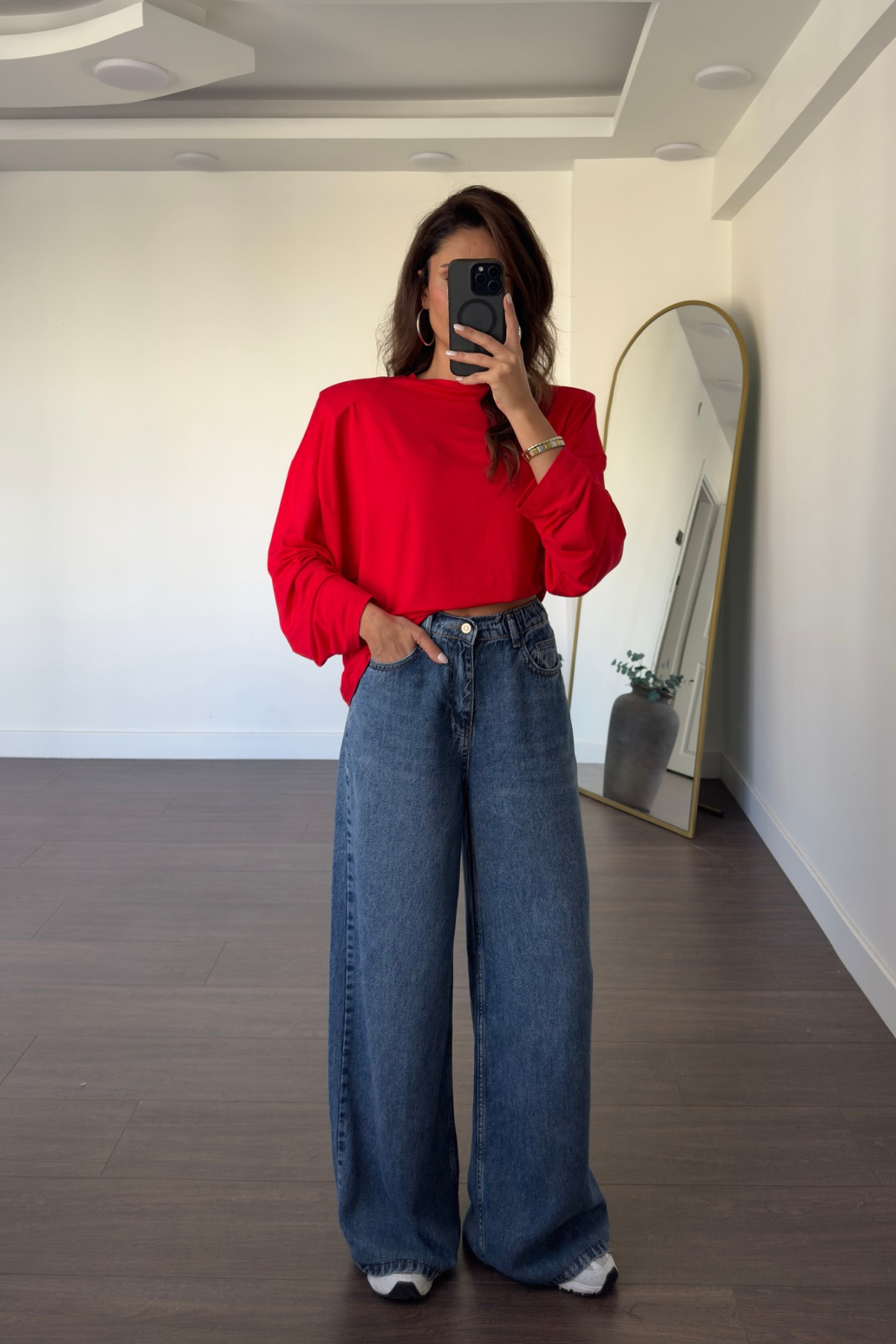 Beli Lastikli Dökümlü Kumaş Jean-Mavi