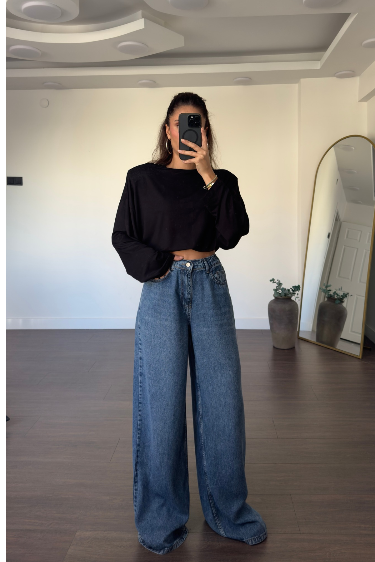 Beli Lastikli Dökümlü Kumaş Jean-Mavi