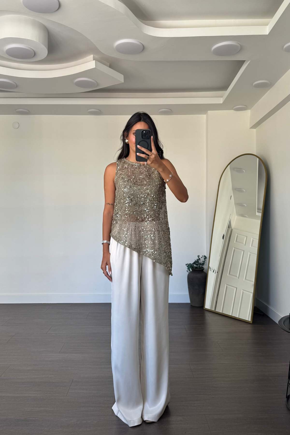 Beli Lastikli Saten Pantolon-Bej