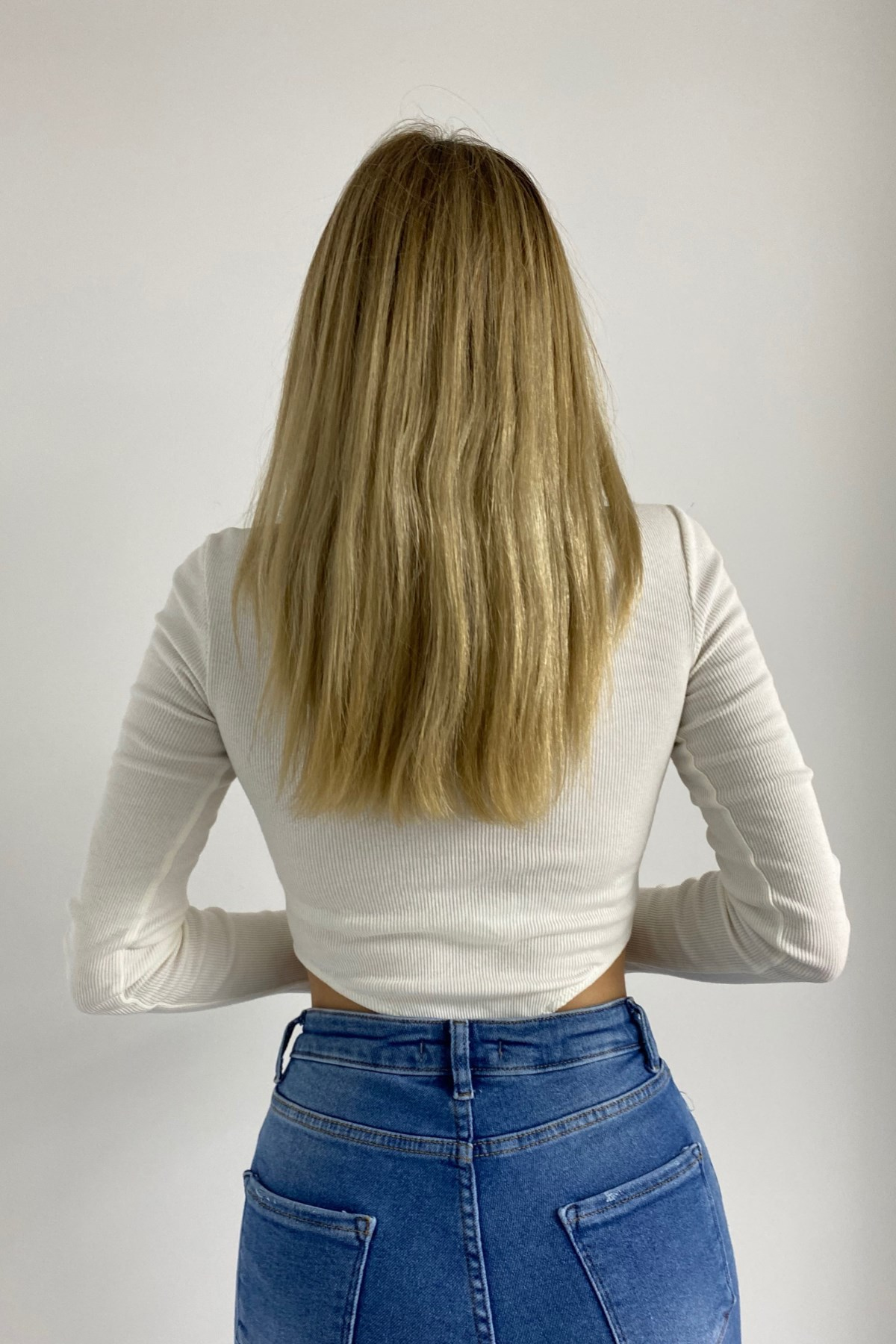 Beyaz Fitilli Kumaş Bodysuit