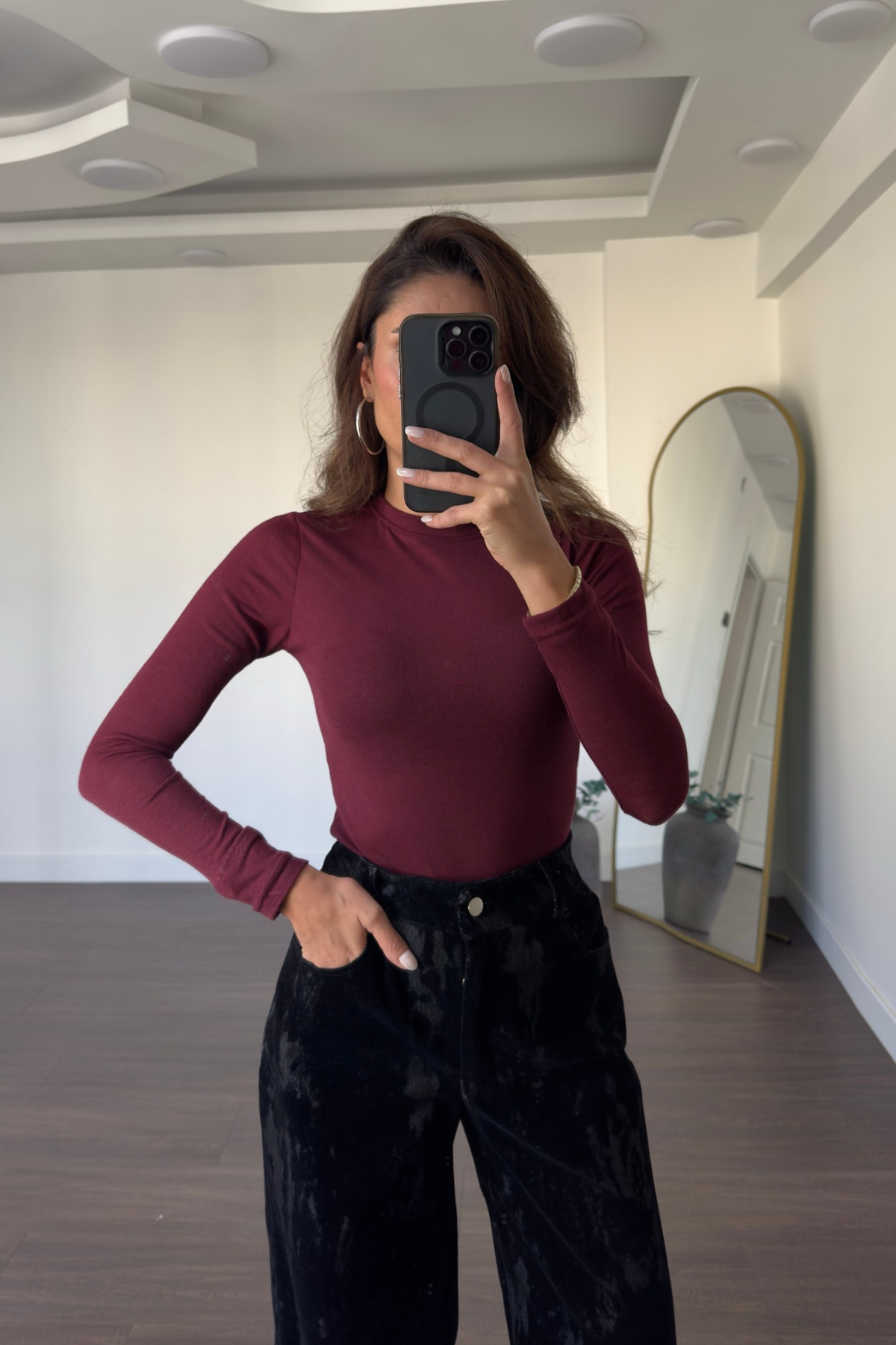 Bisiklet Yaka Basic Bluz-Bordo