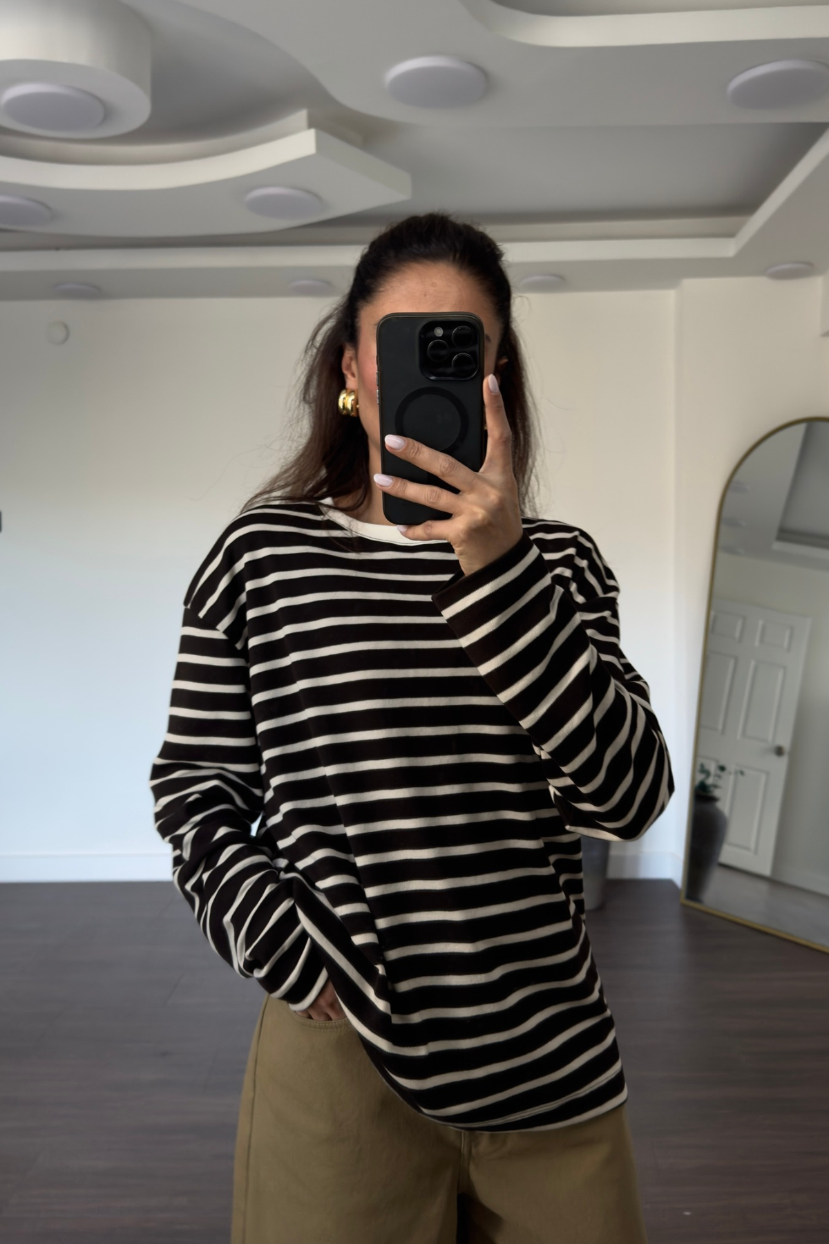 Bisiklet Yaka Çizgili Tshirt-Kahve