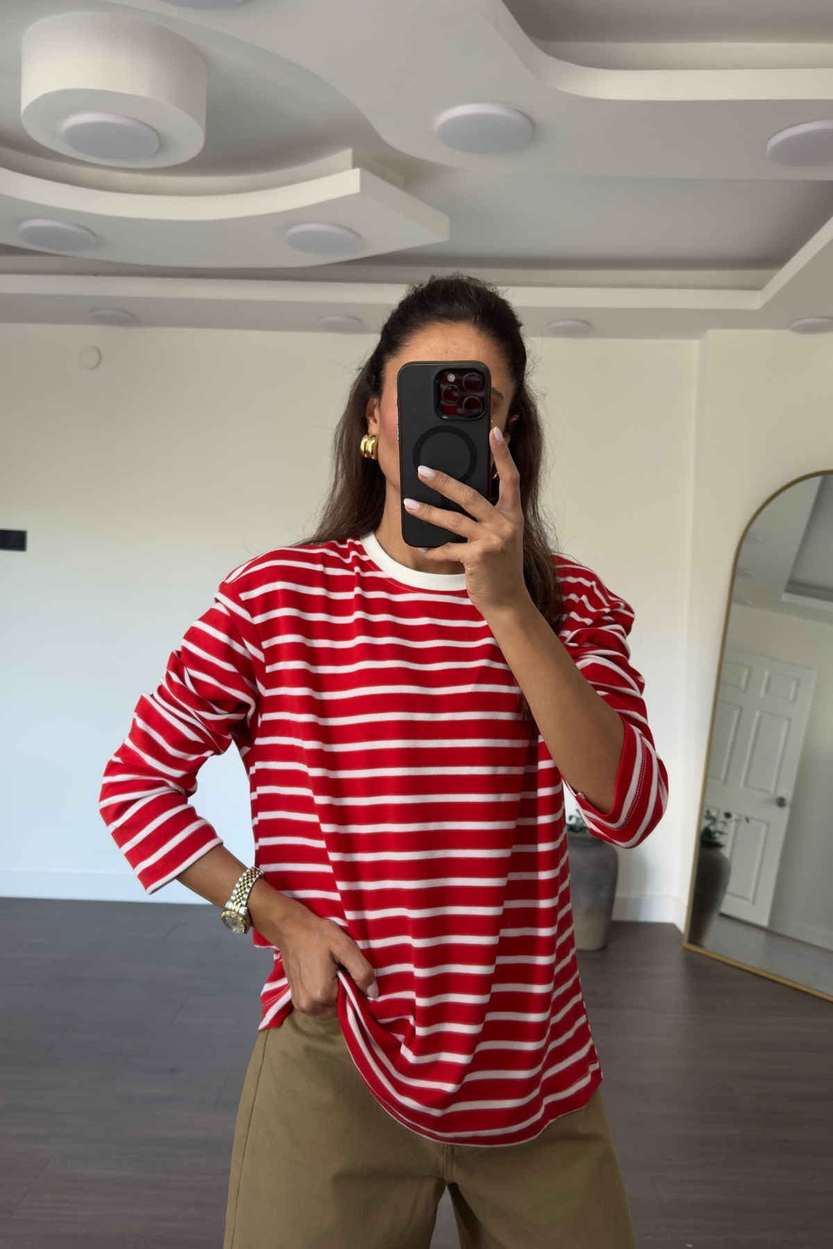 Bisiklet Yaka Çizgili Tshirt-Kırmızı