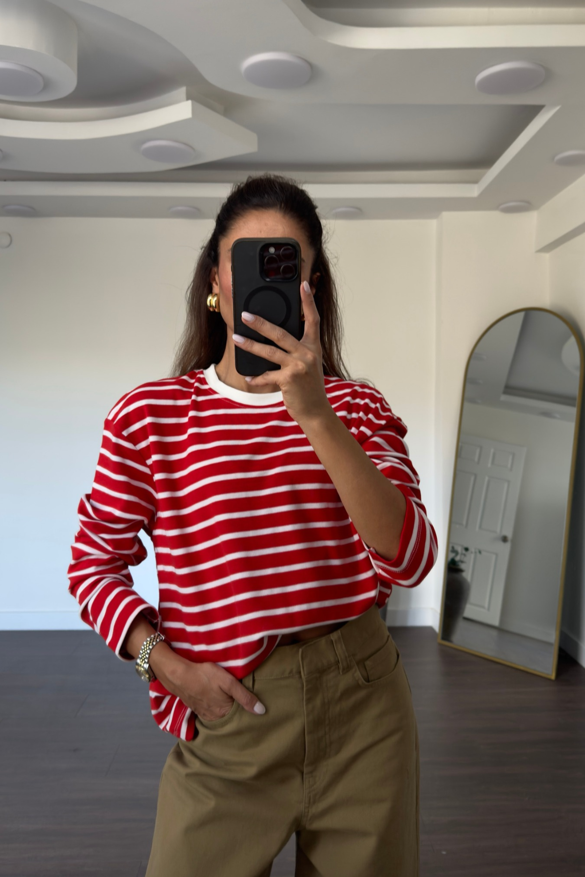 Bisiklet Yaka Çizgili Tshirt-Kırmızı