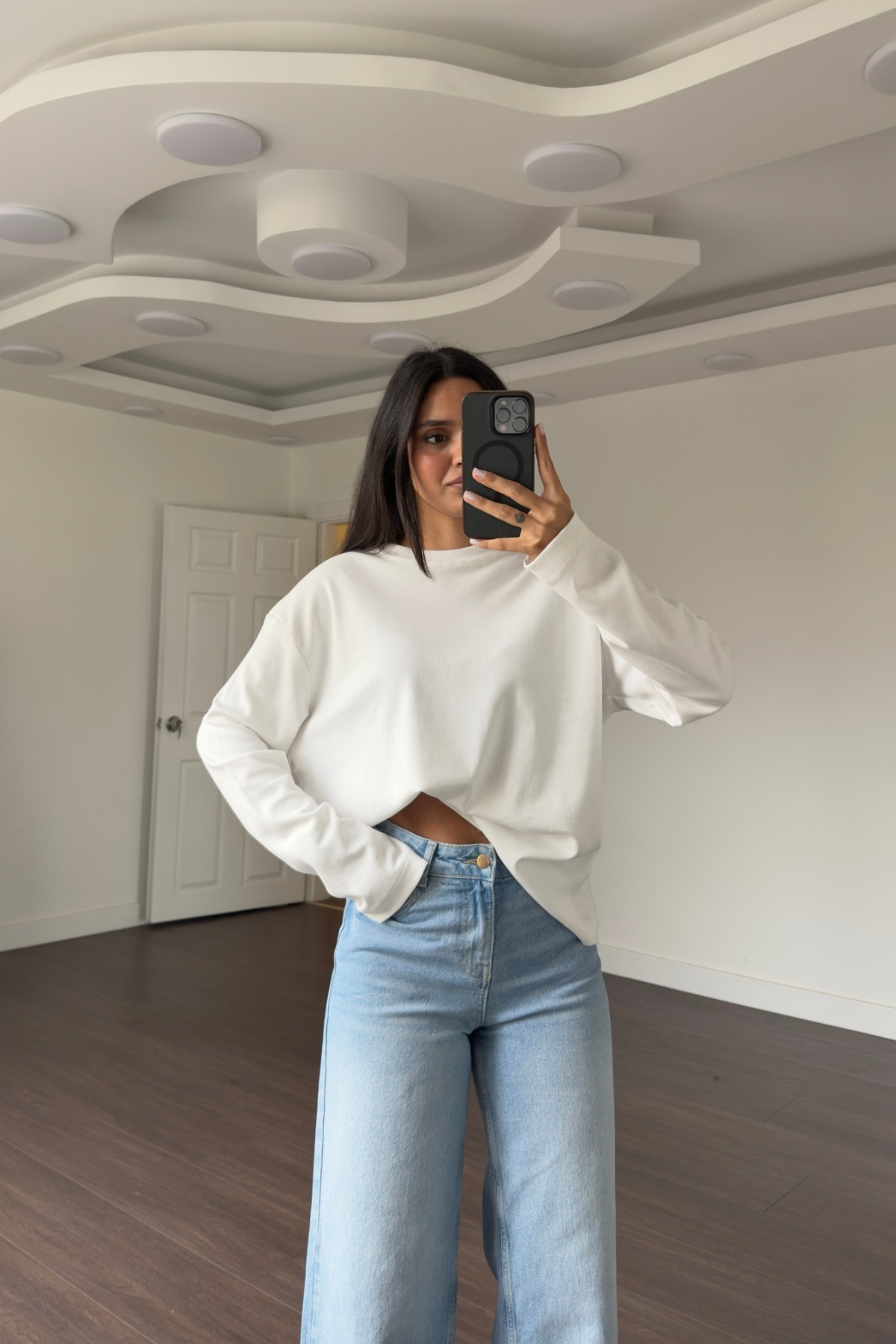 Bisiklet Yaka Uzun Kol T-shirt-Beyaz