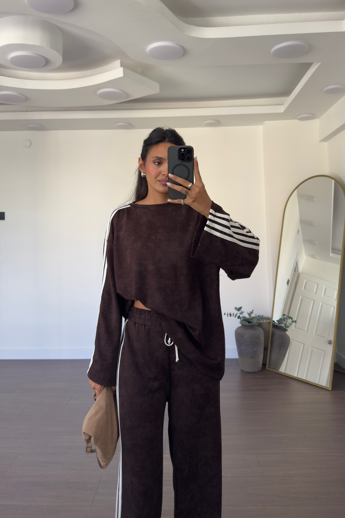 Biyeli Bisiklet Yaka Sweat Pantolon Takım-Kahve