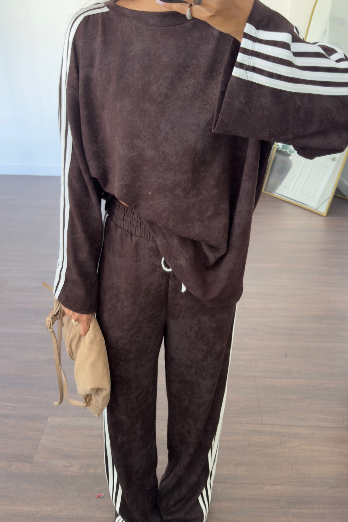 Biyeli Bisiklet Yaka Sweat Pantolon Takım-Kahve