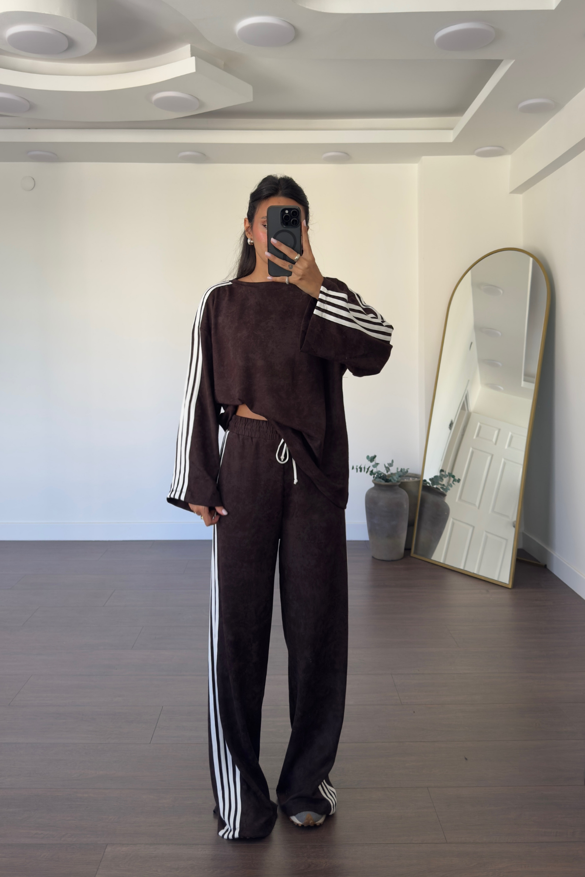 Biyeli Bisiklet Yaka Sweat Pantolon Takım-Kahve