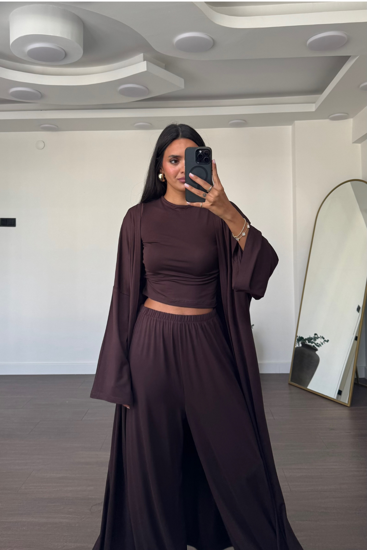 Bluz Pantolon Kimono Takım-Kahve
