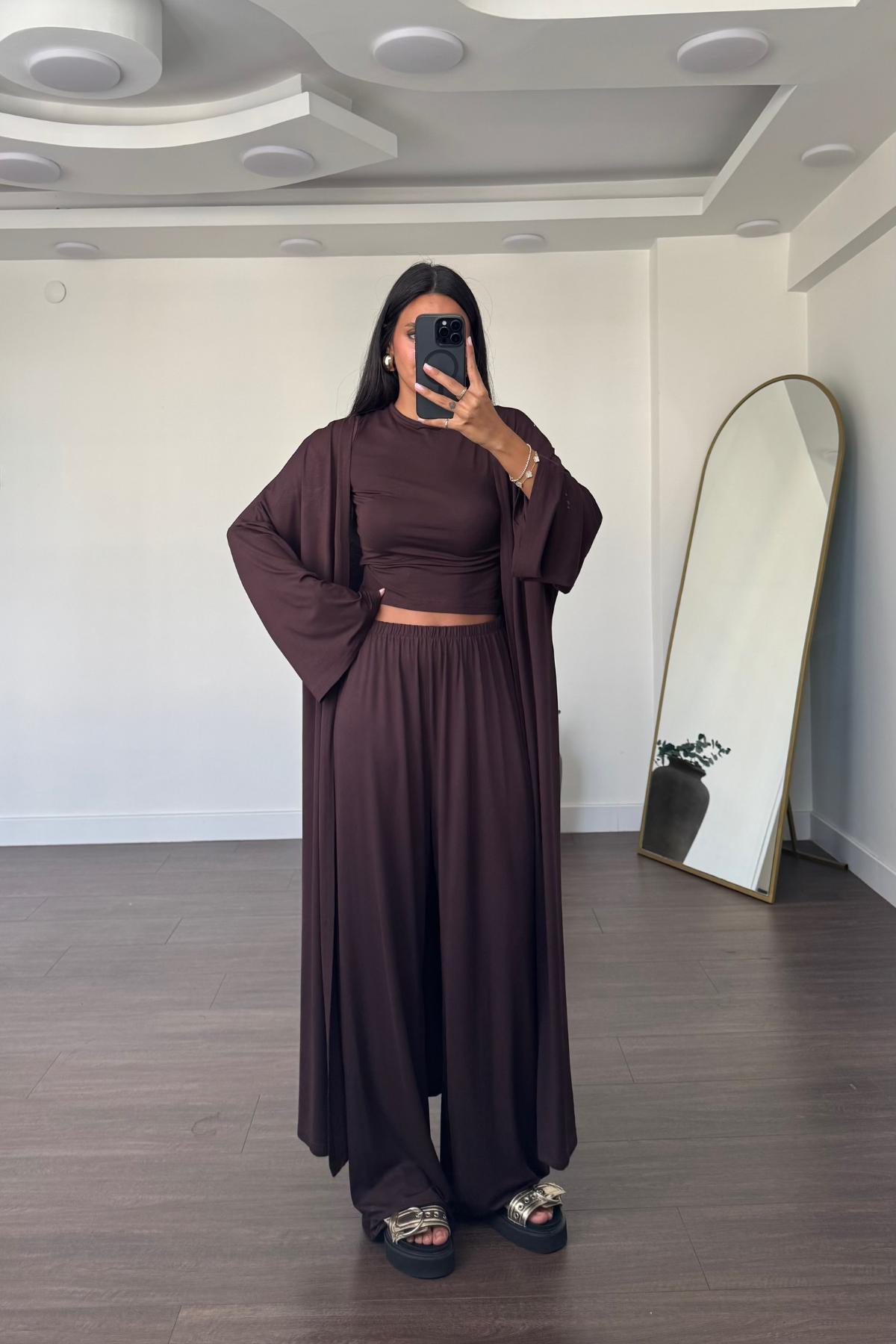 Bluz Pantolon Kimono Takım-Kahve