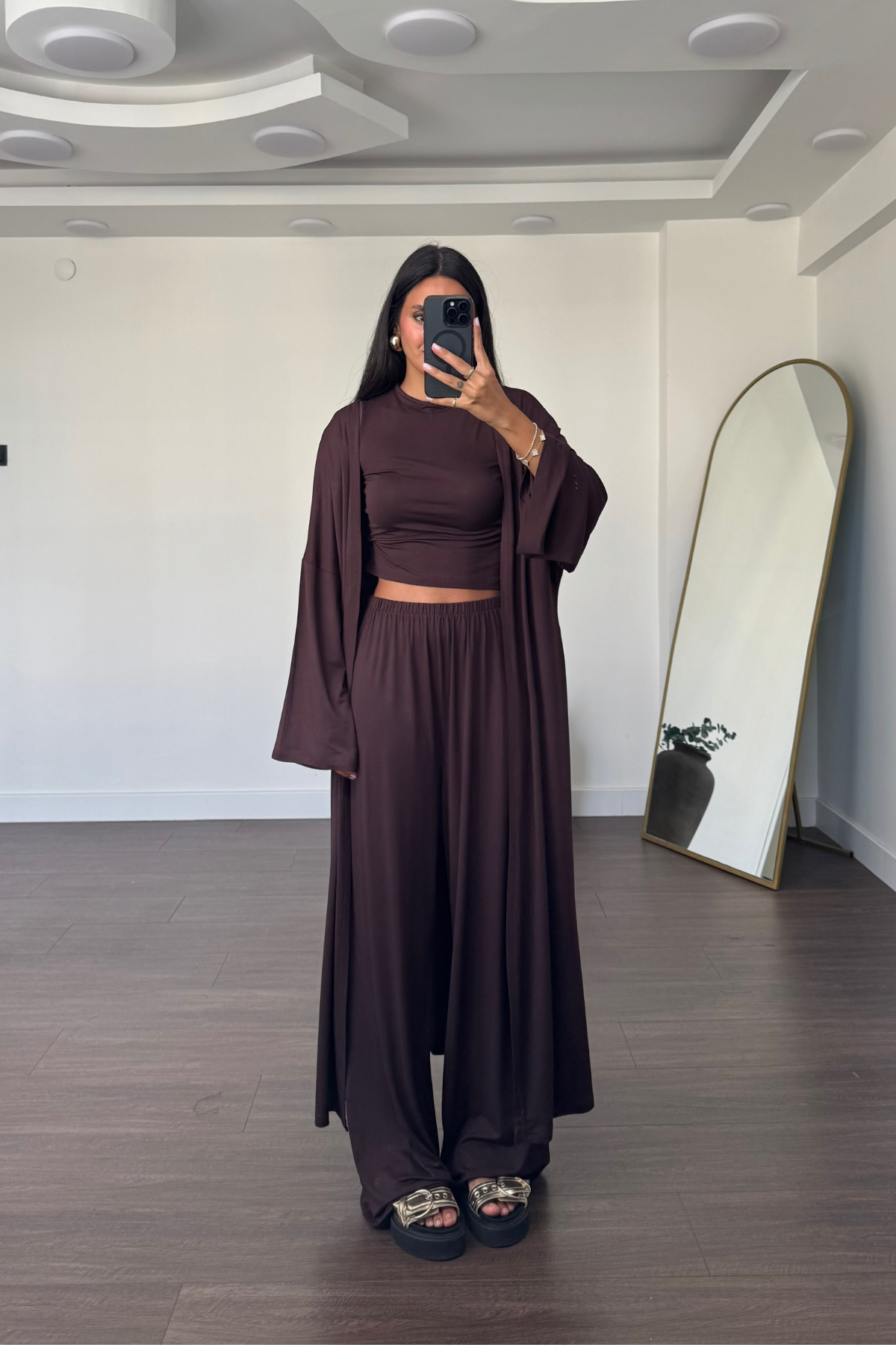 Bluz Pantolon Kimono Takım-Kahve